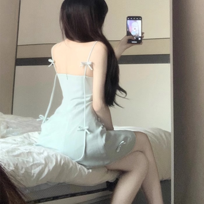 夏のティーブレイクスタイルのリボンセクシーなサスペンダープリーツスカート女性のウエストを細くする甘い純粋な欲望の美しいフレンチドレス|undefined