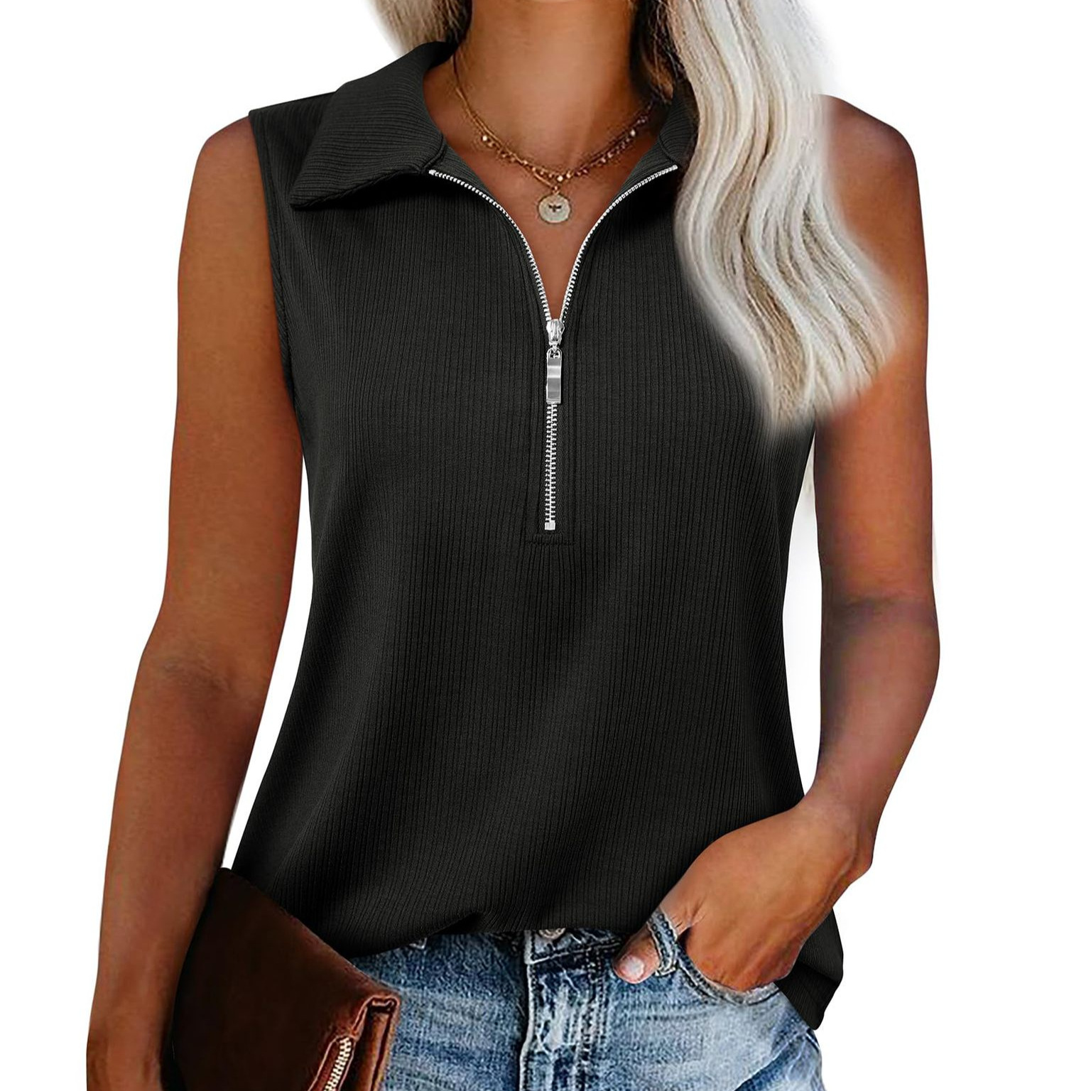 Amazon Europe and the United States cross-border foreign trade 2025 spring and summer new lapel zipper pit loose sleeveless T-shirt vest women