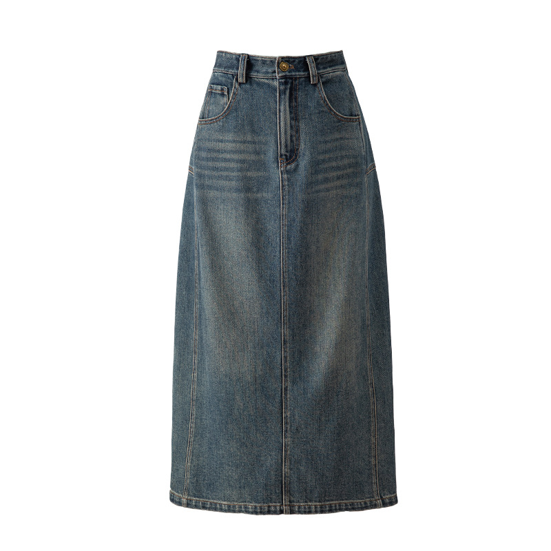 Váy denim chữ A lưng cao cổ điển xẻ tà dài vừa phải — màu xanh
