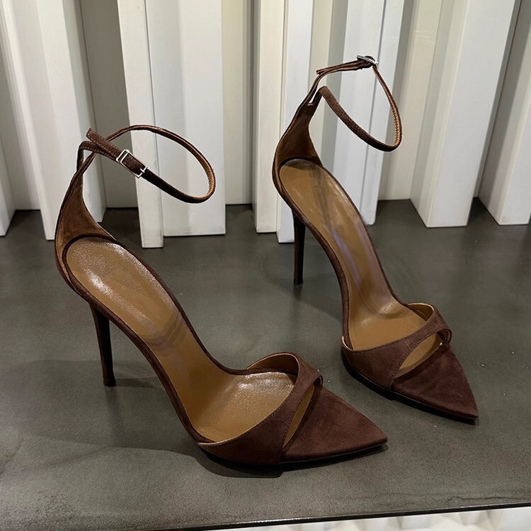 Pointed-toe stiletto high-heeled shoes, new model 26, brown open-toe simple single-strap suede sandals that enhance fair skin tone, exuding feminine charm