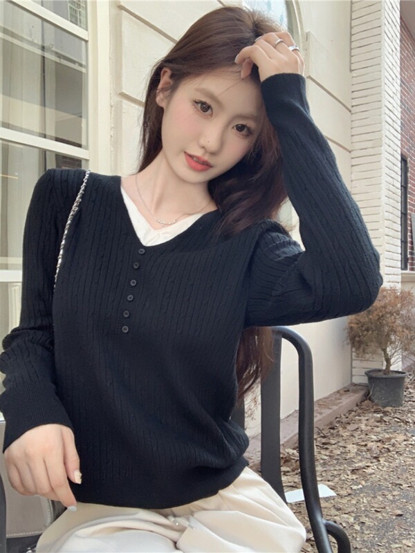 新款假两件内搭打底毛衣外穿女显瘦小香风针织衫杏色上衣|undefined