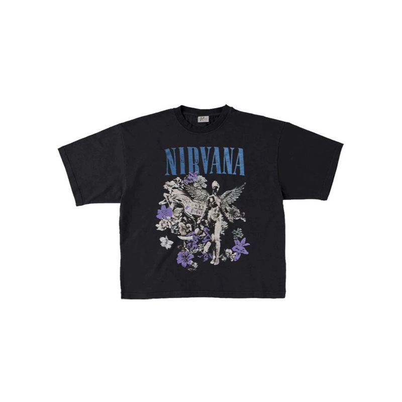 250g Heavyweight Pure Cotton! American Style Nirvana Rock Band Floral Loose Short-Sleeve T-Shirt for Men Y2K Trend 250g Heavyweight Pure Cotton! American Style Nirvana Rock Band Floral Loose Short-Sleeve T-Shirt for Men Y2K Trend
