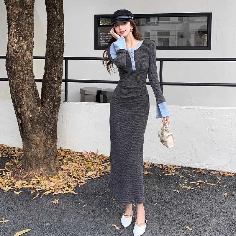 (2개) 가을 틈새 디자인 대비 컬러 스티칭 버튼 긴팔 원피스 여성용 타이트 허리 슬림 핏 힙합 랩 스커트 우아한 롱 스커트