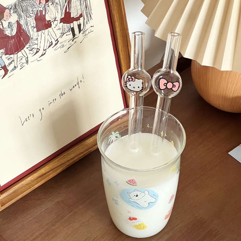 インスタイルのかわいい漫画の学生ガラスストロー KT 猫クリエイティブ高価値家庭用厚い吸引可能なパールミルクティー|undefined