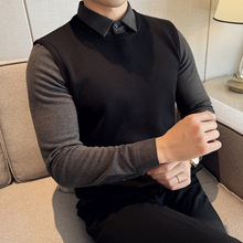 2024新款男士加厚条纹毛呢衬衫领上衣男商务假两件针织衫内搭衣服