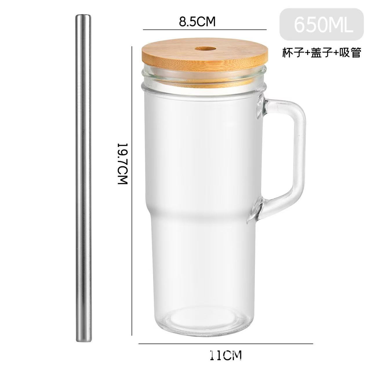 24oz Taza Mason de automóvil con mango de madera taza de bebida taza de vidrio de paja de gran capacidad taza de té de leche taza de paja taza de agua