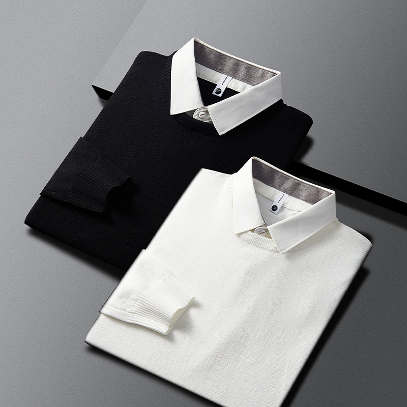 Fake two-piece sweater men's autumn and winter black shirt collar men's inner bottoming top sweater overalls customization