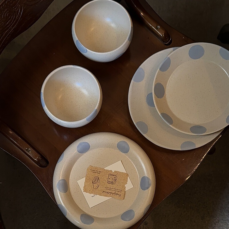 Korean Ins-Style Colorful Polka Dot Underglaze Ceramic Bowl and Plate Set for Home Use, Rice Bowl, Pasta Plate, Fruit Plate