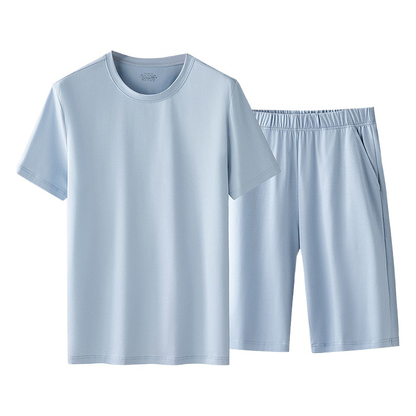 Conjunto de camiseta deportiva de algodón mercerizado para primavera y verano, pantalones cortos frescos de manga corta de talla grande para hombre, pijamas de talla grande adecuados para salir.