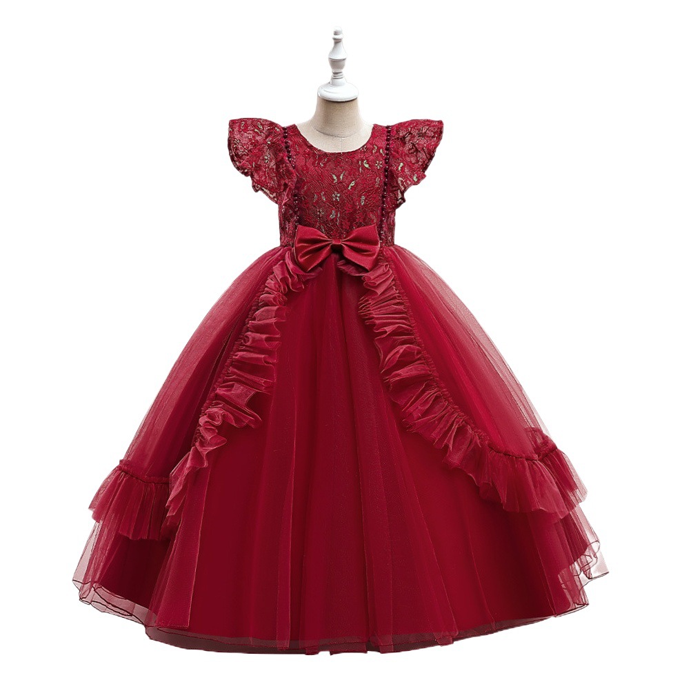Europeo y americano transfronterizo medio y grande vestido de niños arco con cuentas malla princesa vestido banquete fiesta traje en stock