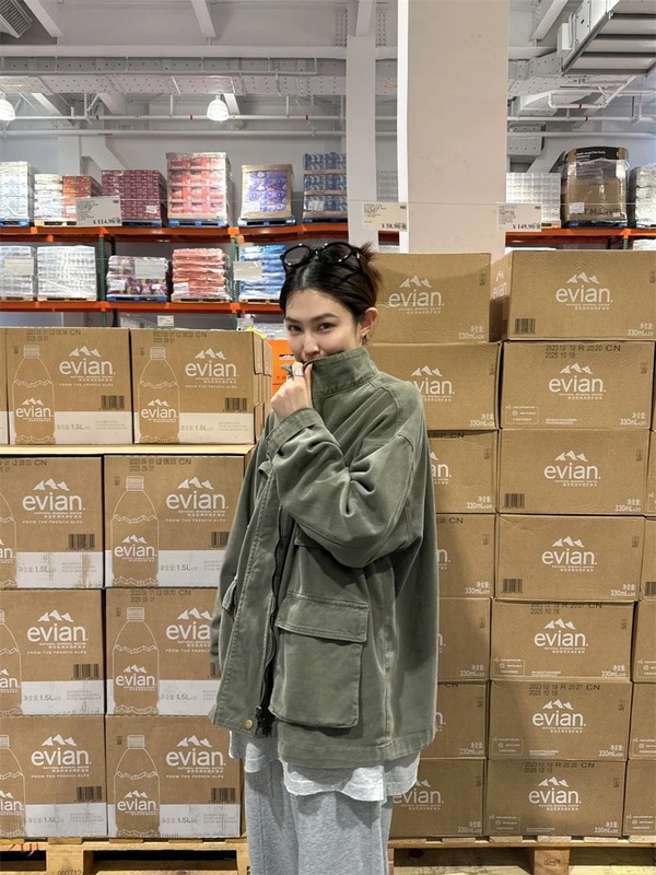 现货 韩国东大门复古军绿色工装风外套韩系女装立领宽松休闲夹克|undefined
