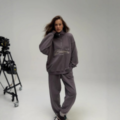 美拉德风灰色半拉链刺绣上衣外套女运动休闲长款卫裤女装卫衣套装