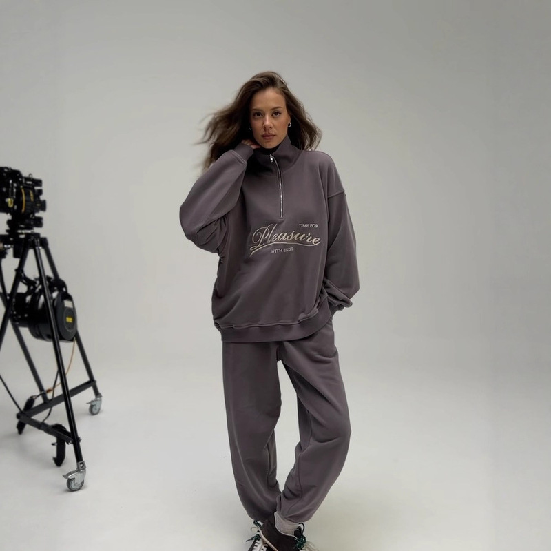 美拉德风灰色半拉链刺绣上衣外套女运动休闲长款卫裤女装卫衣套装|undefined
