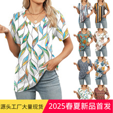 欧美跨境外贸女装2025亚马逊春夏新款v领短袖印花t恤时尚宽松上衣