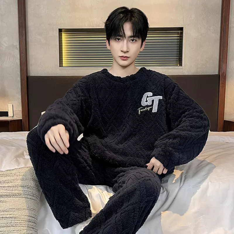 【大桔严选】2025冬季新款提花绒套头休闲单男家居服加绒加厚男士