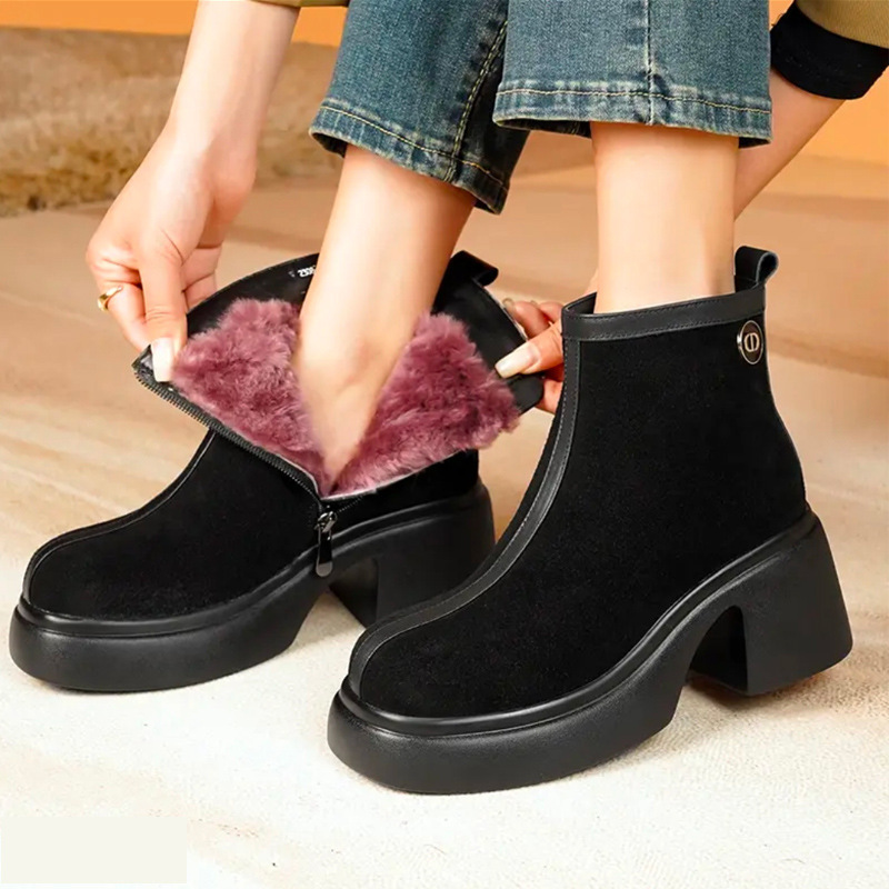 New Thick-Soled Short Boots for Women, Fur and Fur All-In-One Boots, Full Cowhide, Cow Suede, Suede, Thick-Soled Short Boots, Boots