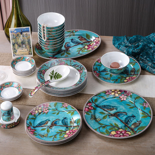 Meidao European-style Bone China Dishes suit Pastoral Household Plate Ceramic Bowl Chopsticks Tableware Rice Bowl
