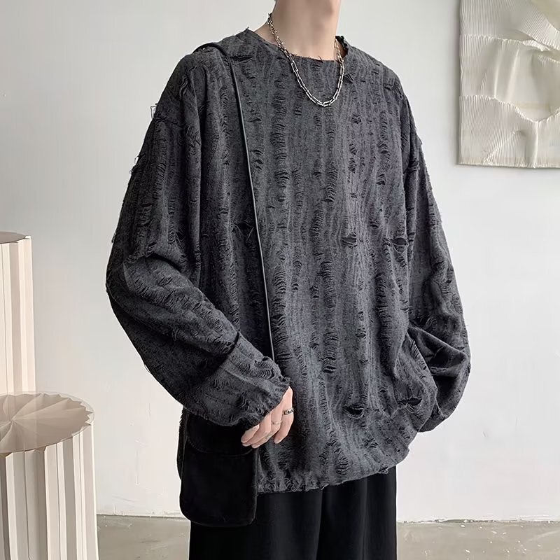Korean style fashion brand design sense Ruan handsome ripped bottoming shirt long sleeve men's street loose bf All-match pullover men's fashion Korean style fashion brand design sense Ruan handsome ripped bottoming shirt long sleeve men's street loose bf All-match pullover men's fashion