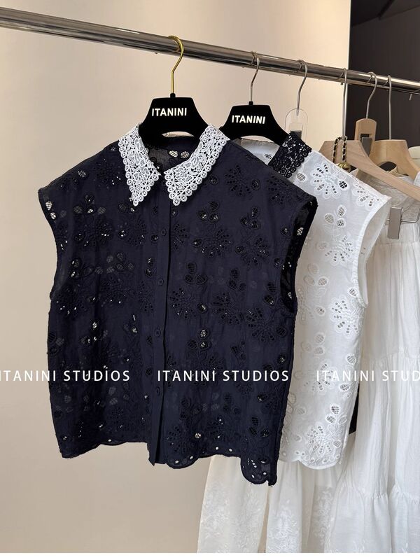 European Station 2025 Summer New Women's Lace Collar Floral Embroidery Age-Reducing Versatile Sleeveless Shirt European Station 2025 Summer New Women's Lace Collar Floral Embroidery Age-Reducing Versatile Sleeveless Shirt