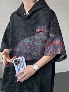 宽松短袖休闲国潮体恤拼接青少年复古潮牌连帽t恤男夏季运动半袖