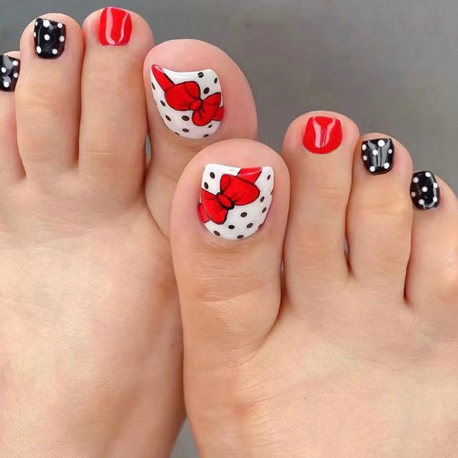 Short glossy summer toe nail red bow corrugated wear nail simple European and American Foreign trade ins24 pieces_voghion.com