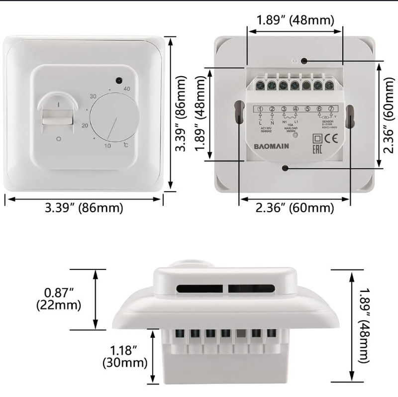 Household Non-Programmable Thermostat Floor Heating Temperature Manual Controller 110-120V Ac 16A