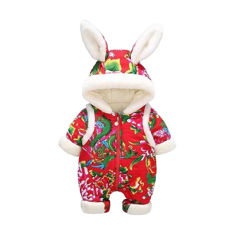 의 동북 큰 꽃 점프 수트 겨울 새해 옷  의 축제 누빔안감 복장