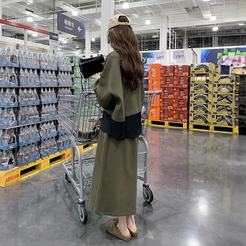 大码春秋季卫衣半身裙时尚套装大码女装新款休闲连衣裙假两件套|undefined