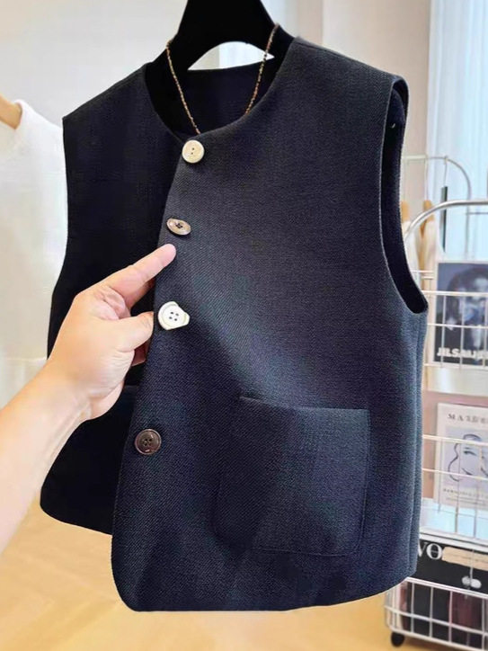 Áo vest nữ không tay dáng gile cổ tròn phối lớp phong cách Pháp — đen, Màu trắng nhạt