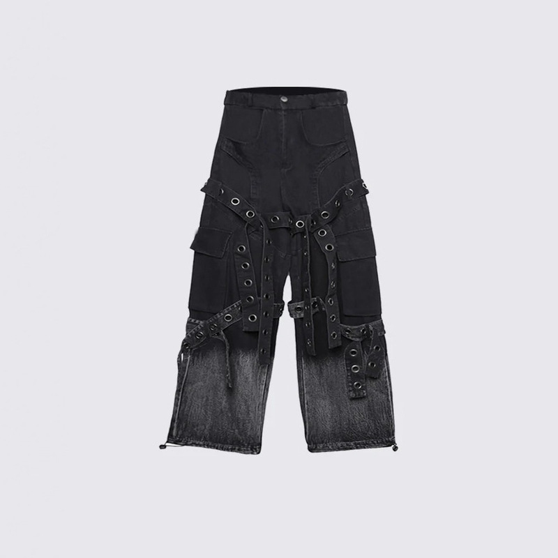 American Street Style Retro Heavy-Duty Design Pleated Workwear with Hardware Decoration Loose Drape Denim Pants for Men and Women American Street Style Retro Heavy-Duty Design Pleated Workwear with Hardware Decoration Loose Drape Denim Pants for Men and Women