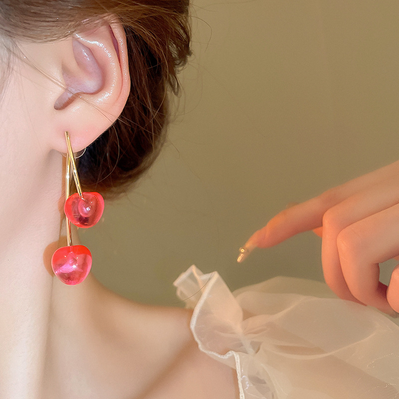 11g Weight 925 Sterling Silver Ear Needle Material Drop Earrings Classification 1 Pair Quantity Holiday, Daily Occasion Resin, Copper Material Cherry Pattern Women's Gender Cute, Sweet Style 1 Pair Cute Sweet Cherry Resin Copper Drop Earrings 18
