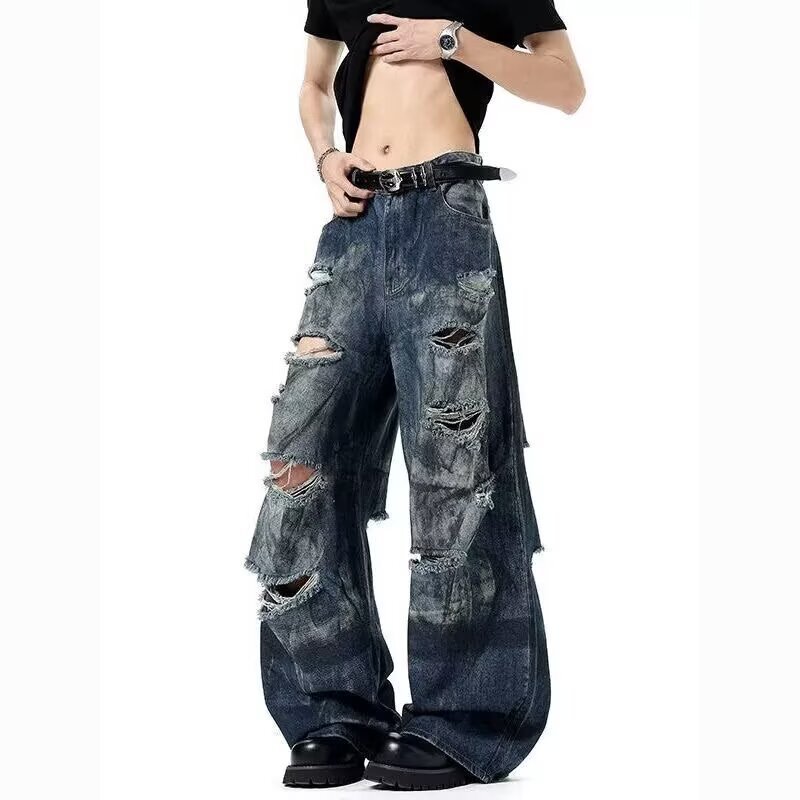 Wasteland Style Tie-Dye Ripped Jeans for Men and Women 2025 Summer New Style American Retro Loose Wide-Leg Jeans for Men