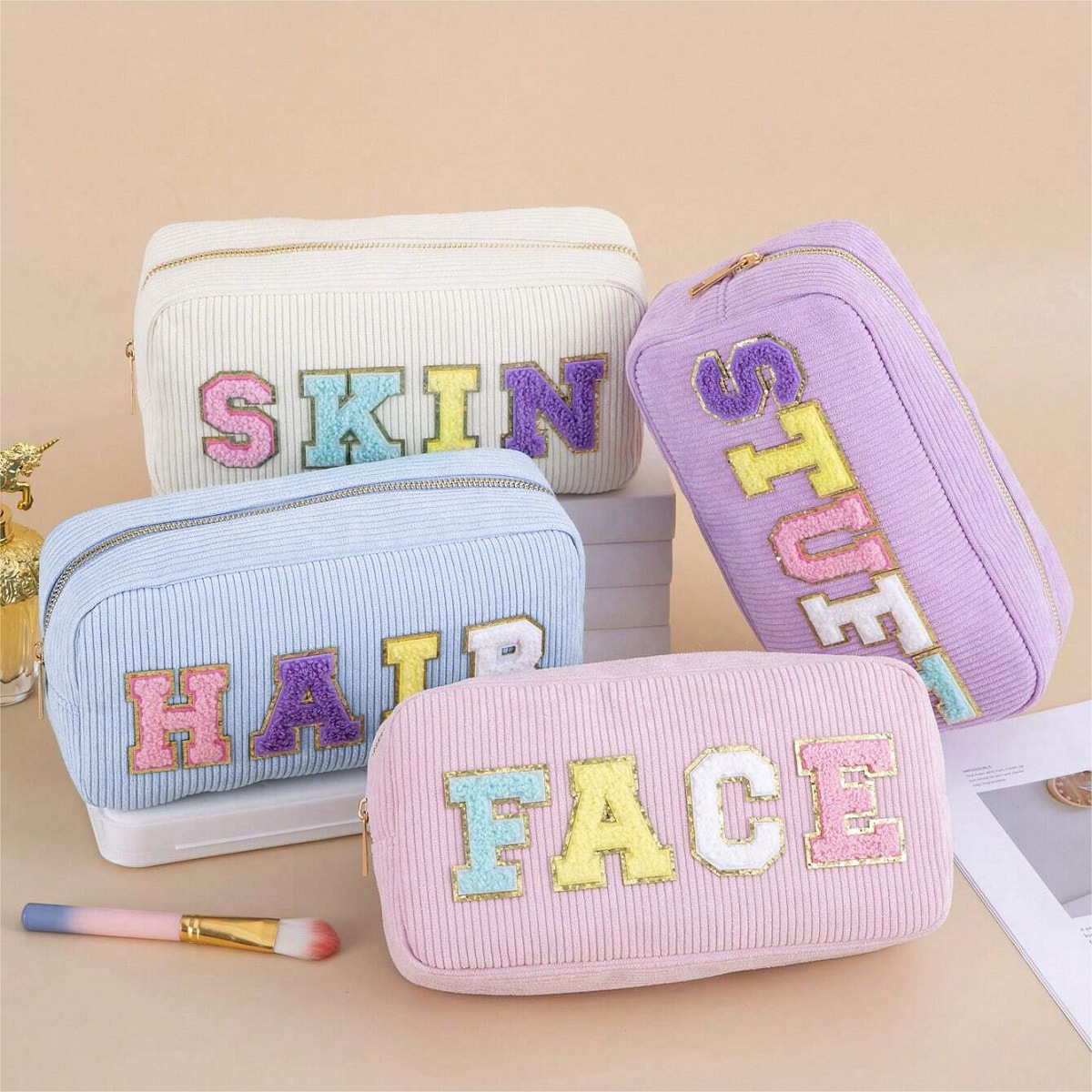 Amazon Cross-Border Letter Embroidered Cosmetic Bag Corduroy Storage Bag Portable Toiletry Bag Large Capacity Cosmetic Bag