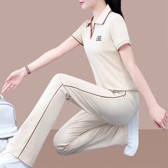 冰丝短袖运动套装女夏季2025年新款洋气中年妈妈翻领休闲服两件套