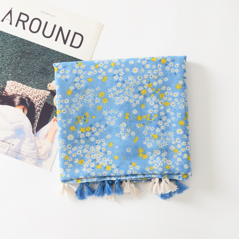 Llanura fresca pequeño floral algodón y lino sensación bufanda de seda larga borla hecha a mano mantón decorativo viajes protector solar toalla playa