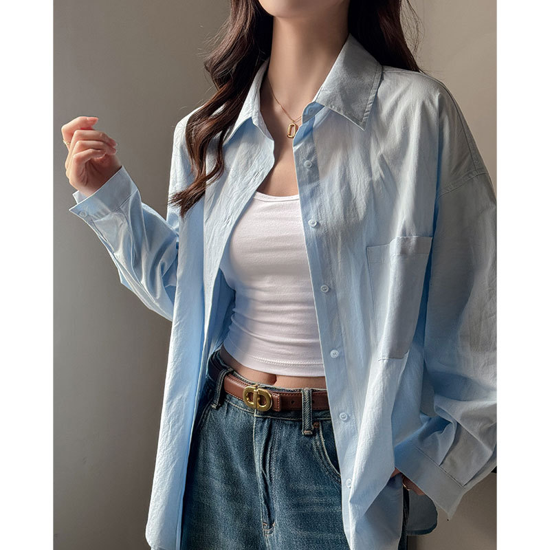 High-End Pure Color Long-Sleeved Shirt for Women in Spring and Summer, Loose, Lazy Style, Fashionable and Versatile, Large Size Blue Basic Cardigan