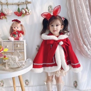 Girls' New Year Outfit Baby Autumn and Winter Shawl Christmas Red Velvet Cape with Furry Bow, Windproof and Thickened for Warmth