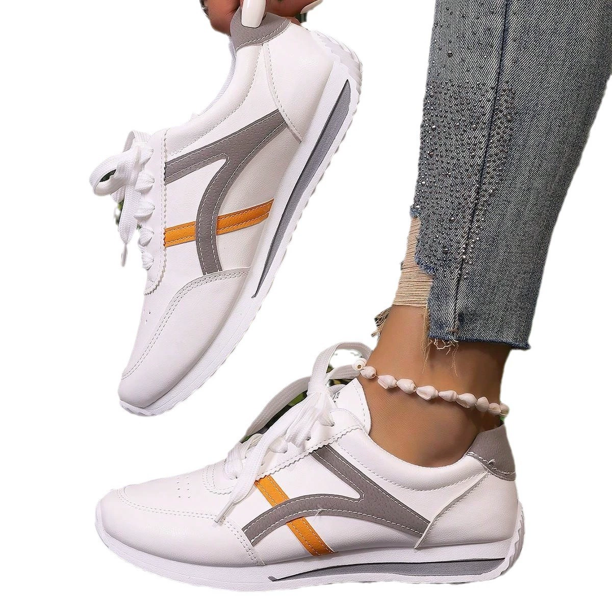 White Sneakers with Grey or Red Accents, European-Style Casual Athletic Shoes for Leisure, Unisex