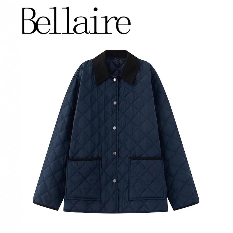 Za Foreign Trade Wholesale European and American Style French Women's Fashion Versatile Commuter Diamond-Shaped Color-Blocking Lapel Waterproof Jacket