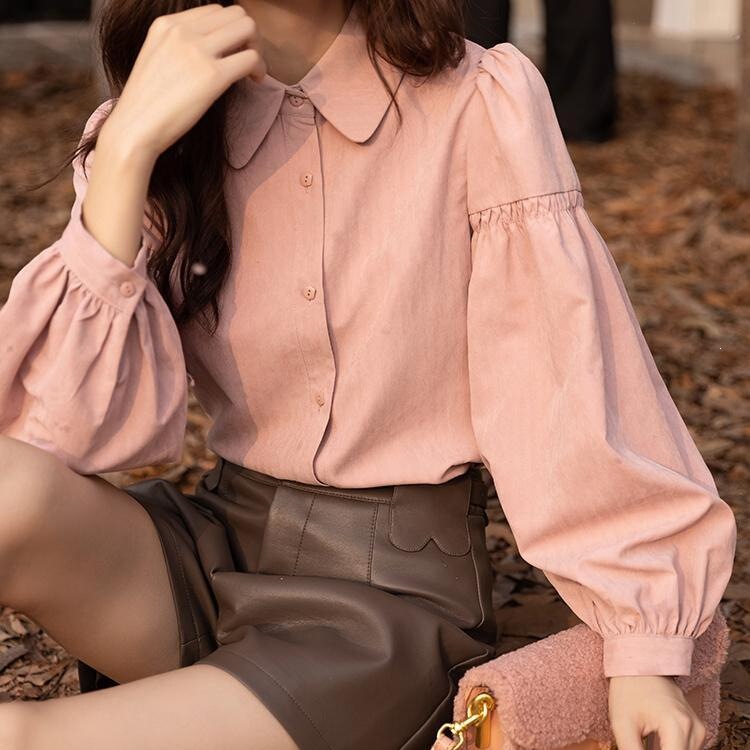 Pink women's shirt with brushed thickened velvet surface, 2022 autumn and winter Korean version slim-fit lace inner top