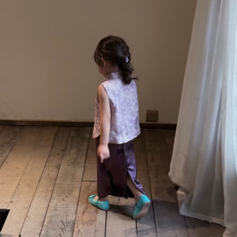 ホリデー限定！女の子の漢服スーツ夏の子供の新しい中国風紫色の薄い唐スーツベスト酢酸スカート|undefined