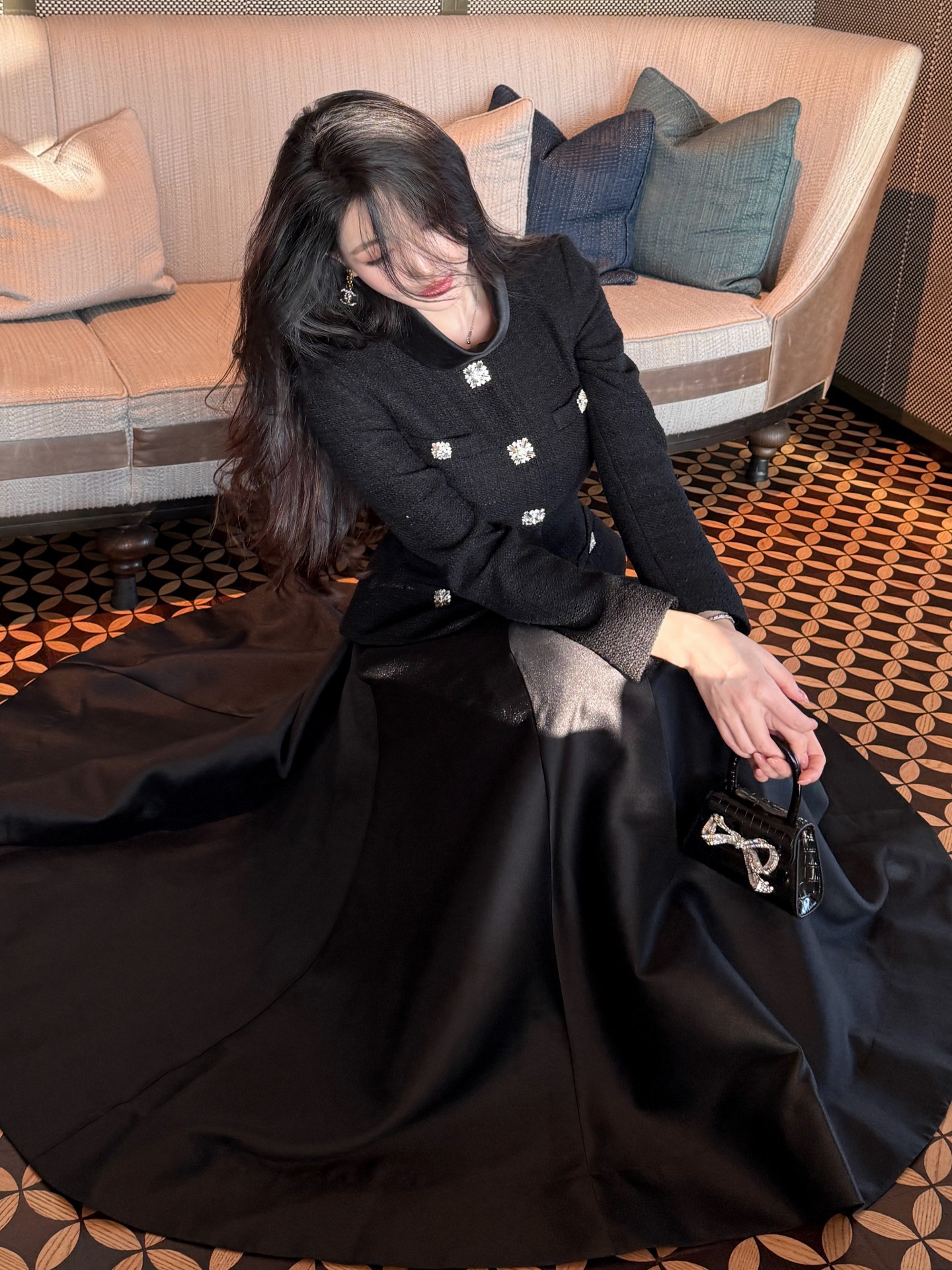 2025 Autumn Winter New Women's Black Tweed Patchwork Elegant Long Sleeve Small Stand Collar Dress Evening Gown_ecoleips.com