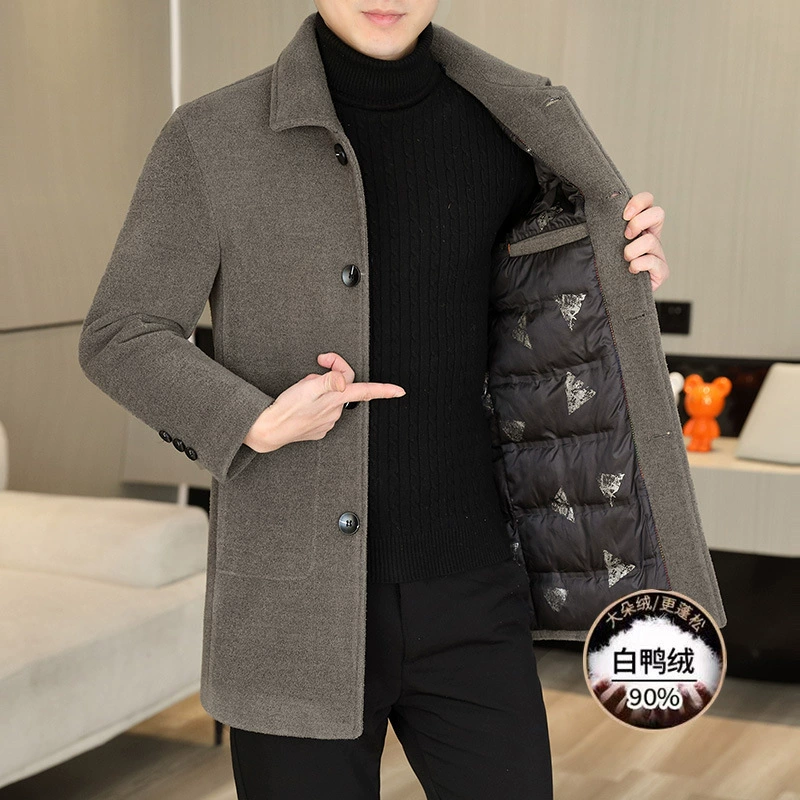 Velvet demi‑season jacket, mid‑length trench coat, duck‑down lining, khaki/black, sizes M–4XL