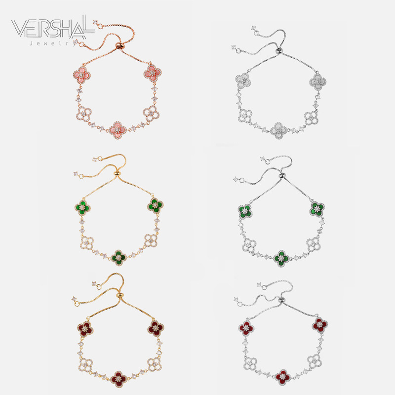 Popular Colorful Internet Celebrity Pink Lucky Four-Leaf Flower Sparkling Zircon Bracelet Copper Plated Real Gold Adjustable Pull Bracelet