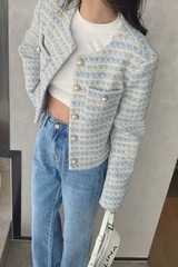 温柔浪漫风奶蓝色珍珠扣小香风外套女春秋季新款圆领长袖编织西装