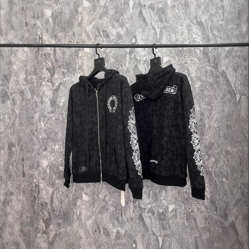 Cross-Border Trendy Brand 2025 Chrome Heart Horseshoe Sanskrit Logo Printed Black Zipper Sweatshirt Cross-Border Trendy Brand 2025 Chrome Heart Horseshoe Sanskrit Logo Printed Black Zipper Sweatshirt