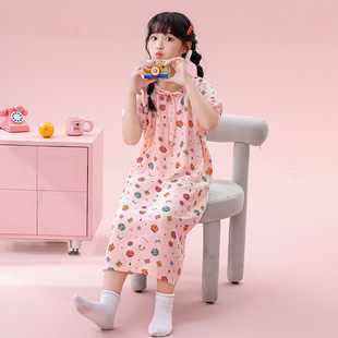 Summer New Style Girls' Cloud Cotton Suspender Nightgown Little Girl Princess Style Home Clothes Medium and Large Children's Cartoon Air-Conditioned Clothes