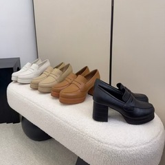 高版小香防水台粗高跟鞋25新款一脚蹬黑色中口真皮底皮乐福单皮鞋