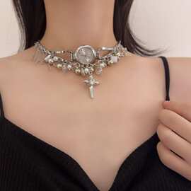 时尚甜酷朋克风钟表十字架项链女亚文化个性时髦锁骨链choker颈链