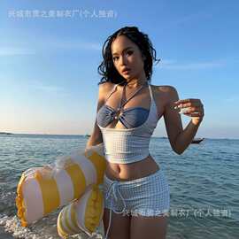 复古格子挂脖分体泳衣女夏平角裤遮肉显瘦海边度假温泉甜妹风泳装
